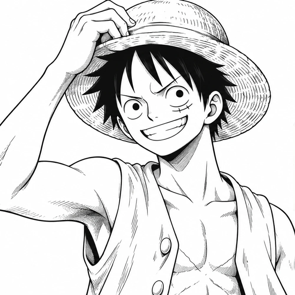 Black-and-white drawing of Monkey D. Luffy before coloring