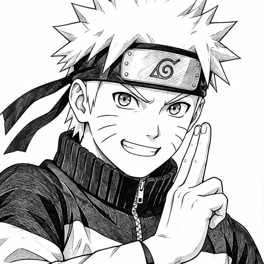Black-and-white drawing of Naruto Uzumaki before coloring